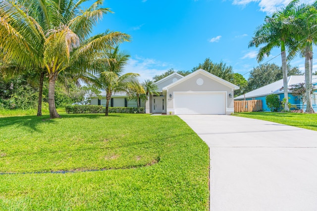 ranch-style house with a garage and a front yard