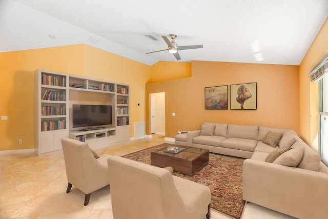 living room featuring vaulted ceiling, ceiling fan, and built in features