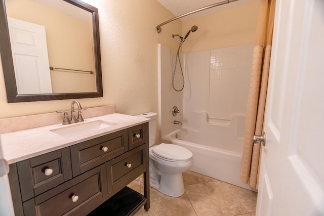 full bathroom with tile patterned flooring, a textured ceiling,  shower combination, vanity, and toilet