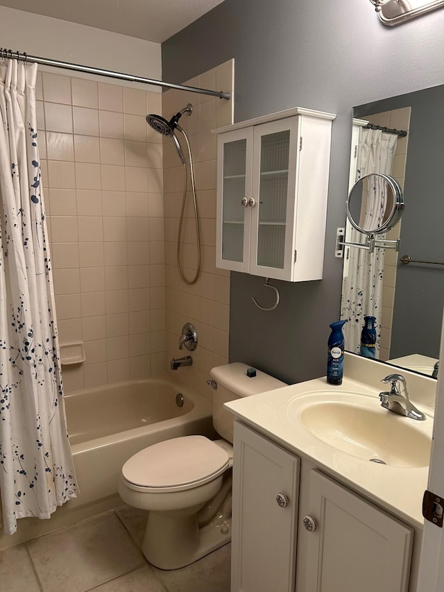 full bathroom with tile patterned floors, vanity, shower / bath combination with curtain, and toilet