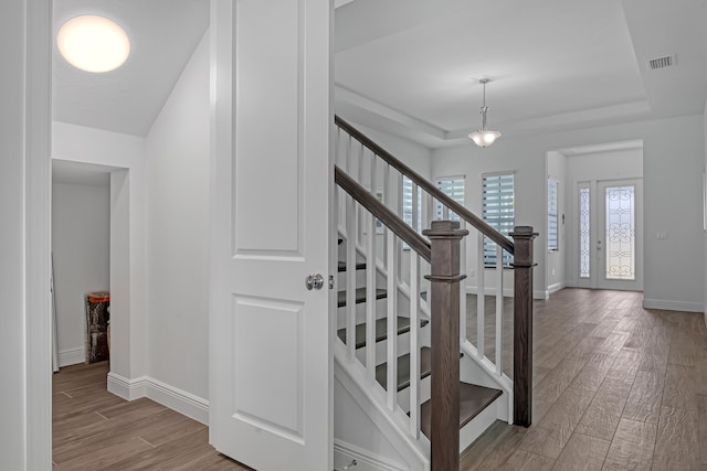 entrance foyer with a tray ceiling