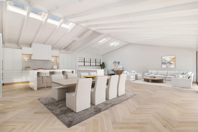 dining space with light parquet flooring and lofted ceiling with beams