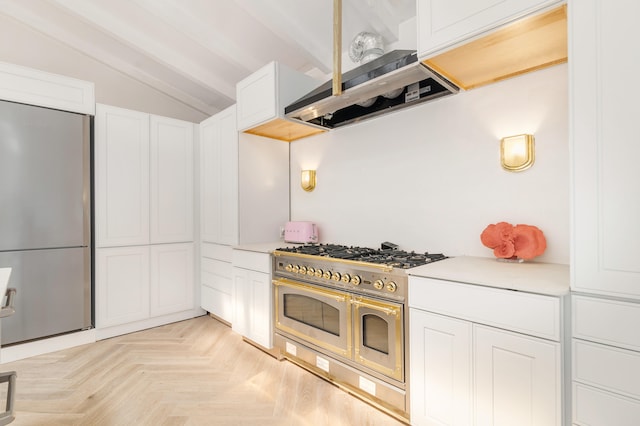 kitchen featuring light parquet flooring, vaulted ceiling with beams, white cabinetry, island exhaust hood, and stainless steel appliances