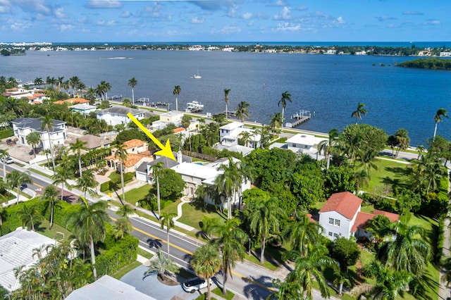 bird's eye view with a water view