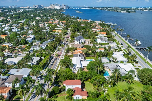 aerial view featuring a water view