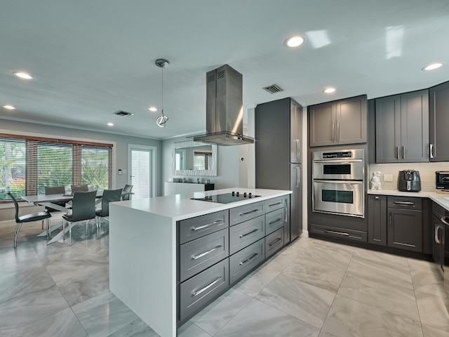kitchen with range hood, stainless steel double oven, gray cabinetry, light marble finish flooring, and recessed lighting