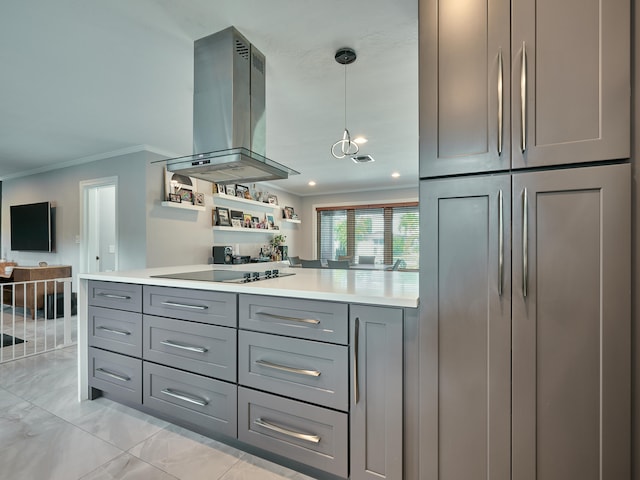 kitchen with ornamental molding, black electric cooktop, island range hood, and gray cabinetry