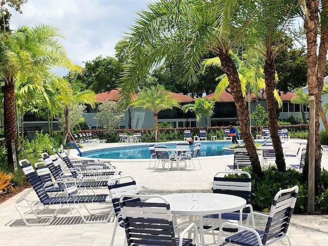 view of swimming pool featuring a patio area