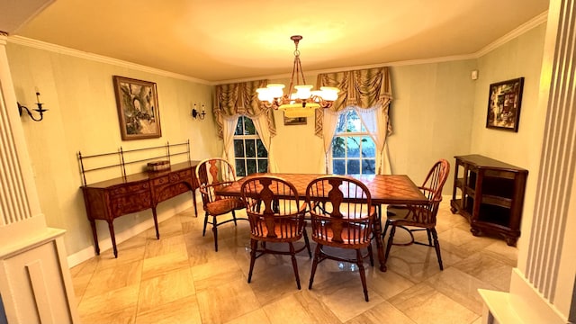 dining area with ornamental molding and an inviting chandelier