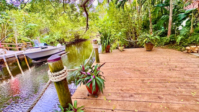 wooden deck with a water view and a dock