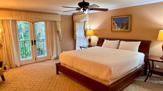 bedroom with access to outside, ceiling fan, crown molding, and light colored carpet