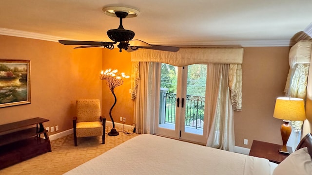 carpeted bedroom featuring ceiling fan, access to exterior, and crown molding