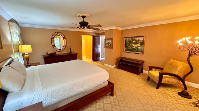 carpeted bedroom featuring ceiling fan with notable chandelier and crown molding