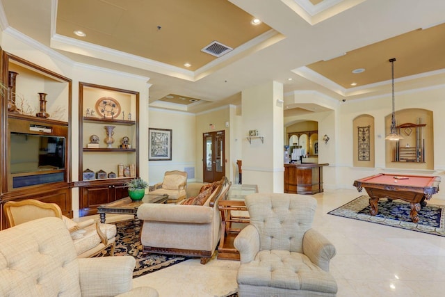 living room with crown molding, tile patterned floors, billiards, and a raised ceiling