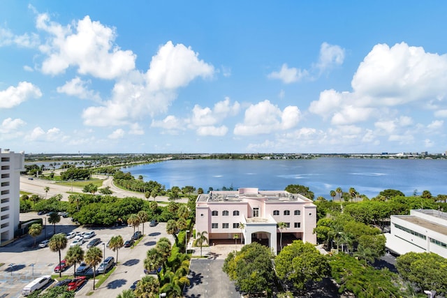 bird's eye view with a water view