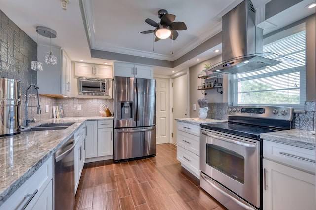 kitchen featuring white cabinets, hardwood / wood-style flooring, island range hood, sink, and stainless steel appliances