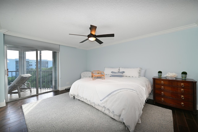 bedroom with crown molding, ceiling fan, access to exterior, and dark hardwood / wood-style flooring