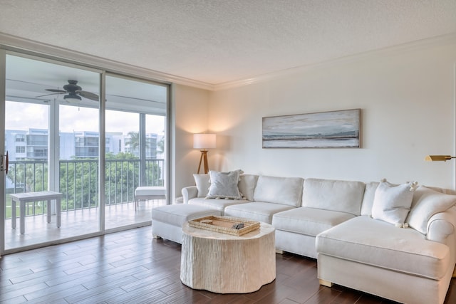 living room featuring ornamental molding, dark wood-type flooring, a textured ceiling, and expansive windows