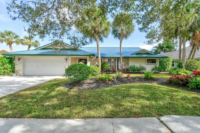 single story home with a front yard and a garage