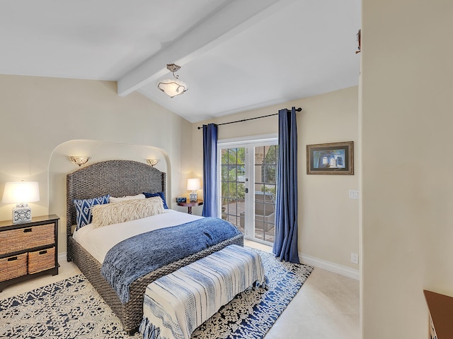 bedroom with french doors, access to outside, lofted ceiling with beams, and light carpet