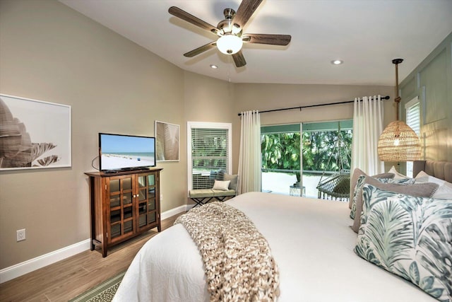 bedroom with access to outside, vaulted ceiling, wood-type flooring, and ceiling fan