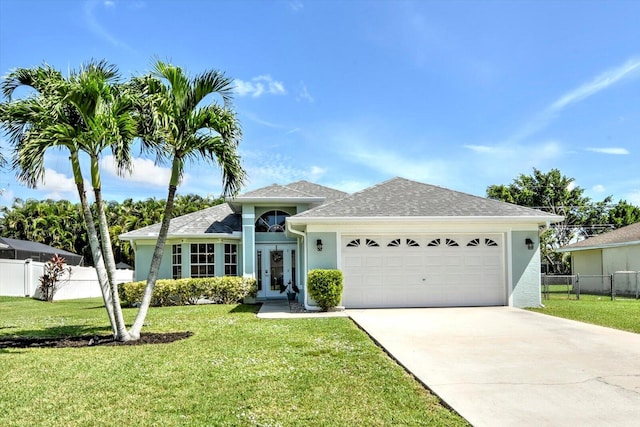 ranch-style house with a front yard and a garage