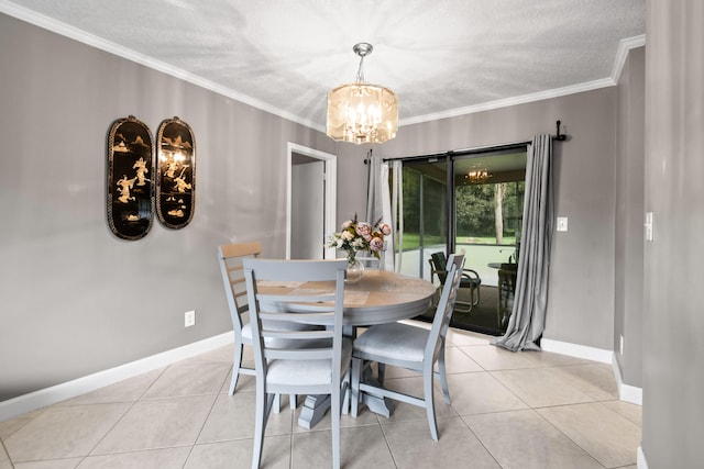 tiled dining area featuring crown molding, a chandelier, and a textured ceiling