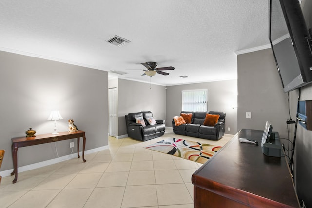 tiled living room with crown molding, ceiling fan, and a textured ceiling