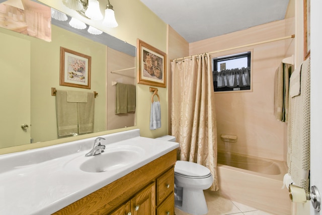 full bathroom with tile patterned flooring, shower / tub combo, vanity, and toilet