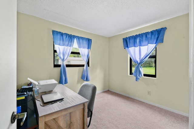 home office featuring light colored carpet and a textured ceiling