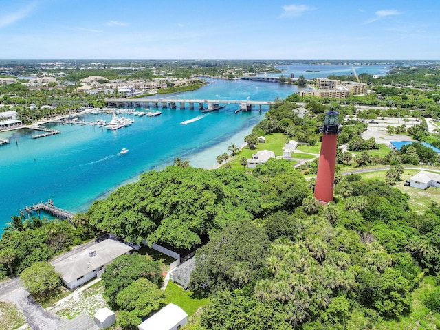 bird's eye view with a water view