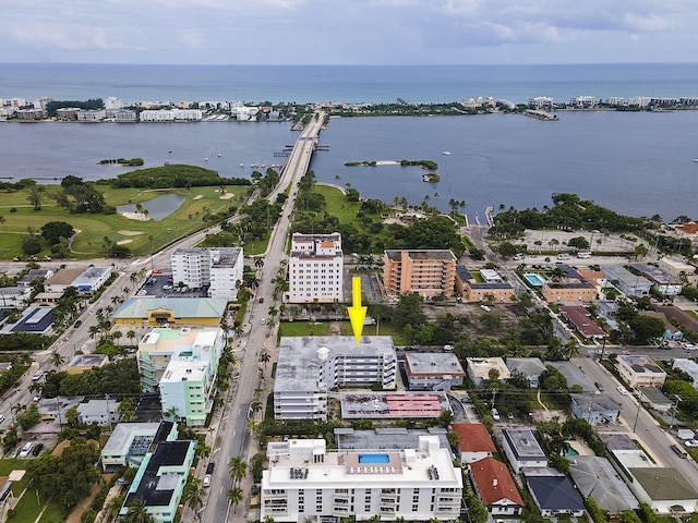 drone / aerial view with a water view