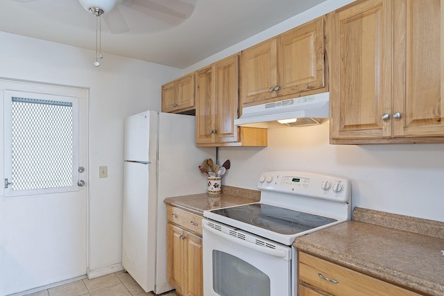 kitchen featuring light tile patterned flooring, white electric range oven, and ceiling fan