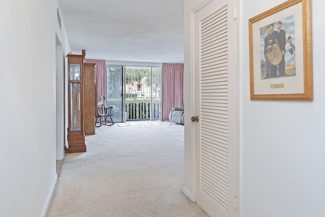 hall with light colored carpet