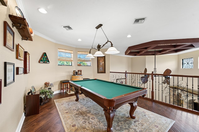 recreation room with crown molding, dark hardwood / wood-style flooring, and pool table