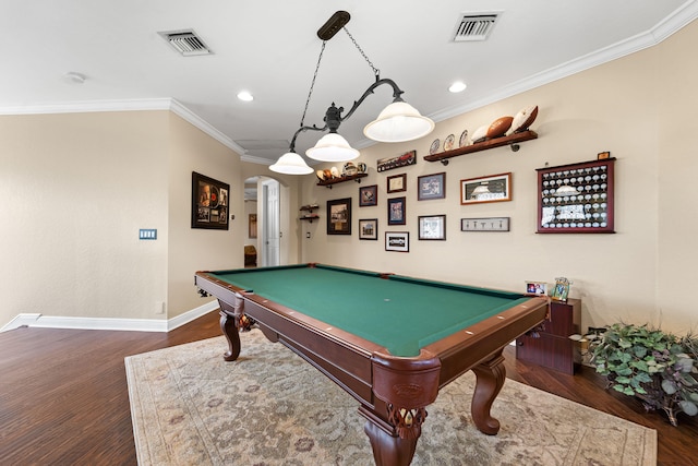 rec room featuring pool table, crown molding, and dark wood-type flooring