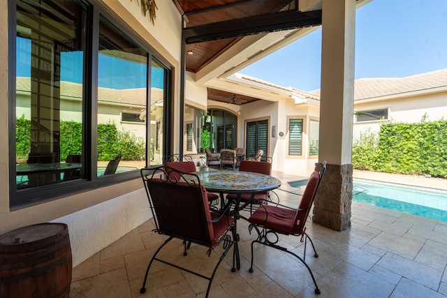 view of patio with a fenced in pool and ceiling fan