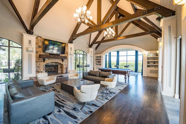 living room featuring pool table, high vaulted ceiling, dark hardwood / wood-style floors, beamed ceiling, and a fireplace