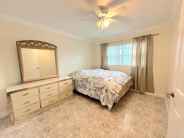 bedroom with ceiling fan and ornamental molding