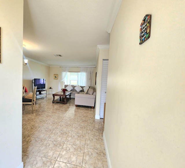 hallway featuring ornamental molding