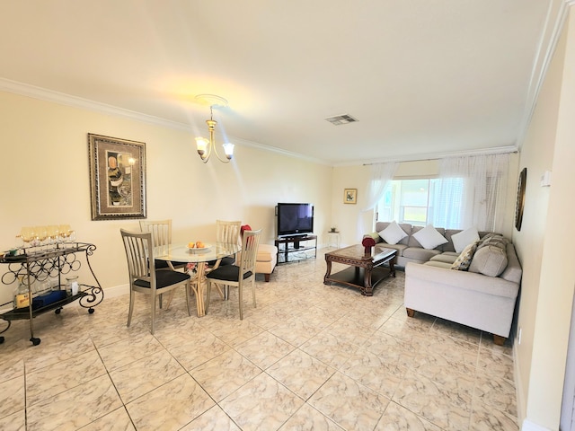 living room with ornamental molding and an inviting chandelier