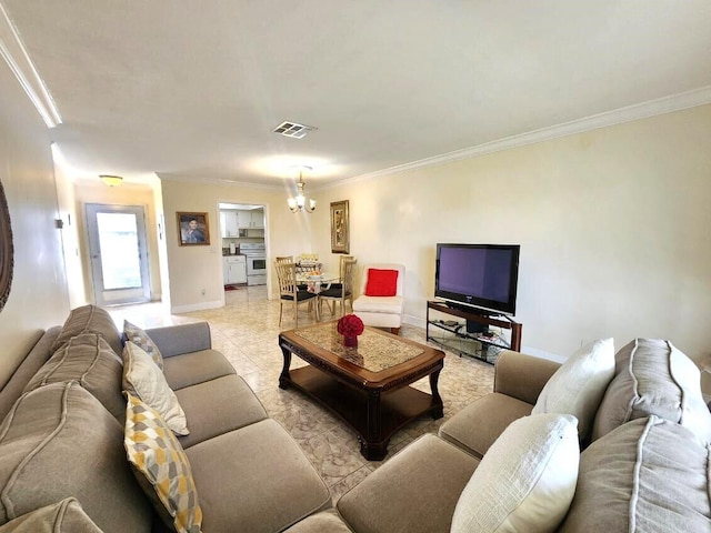 living room featuring a notable chandelier, crown molding, and light tile patterned flooring