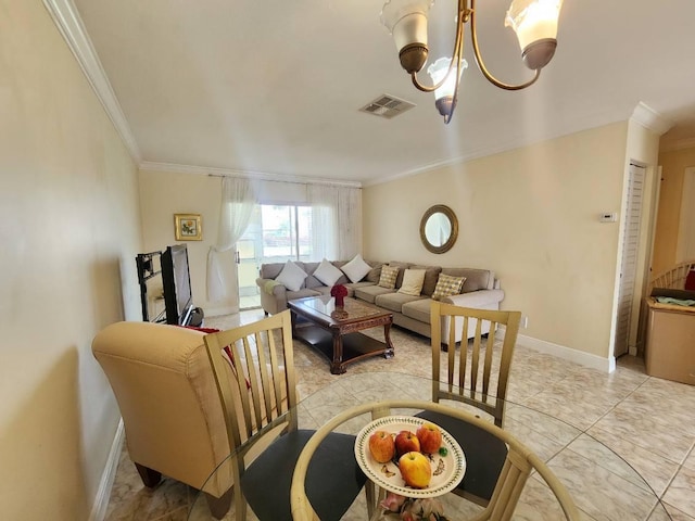 living room with an inviting chandelier and crown molding