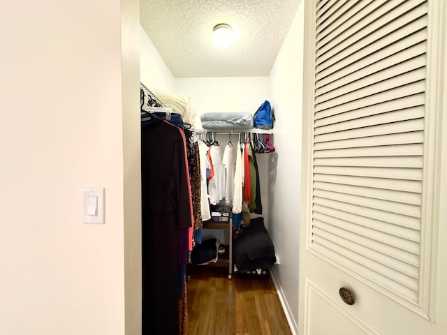 walk in closet with dark hardwood / wood-style floors