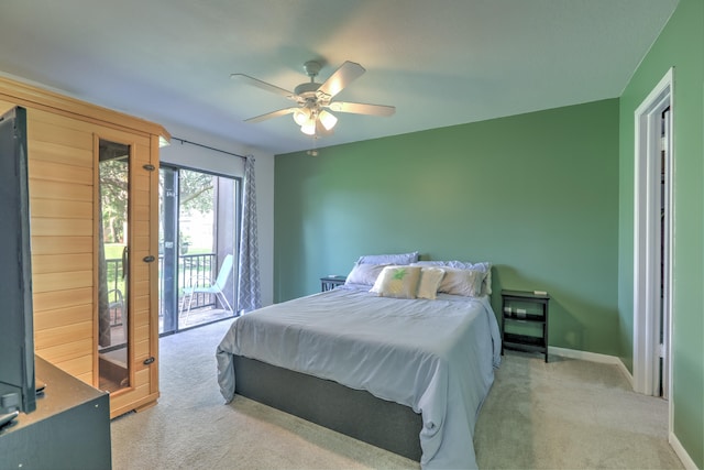 bedroom with a ceiling fan, baseboards, access to outside, and light carpet