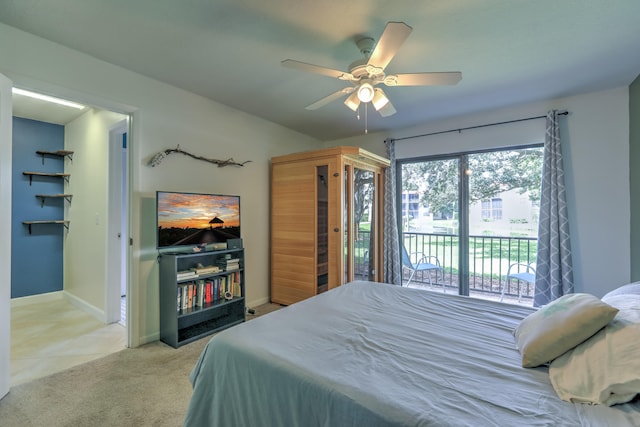 bedroom featuring baseboards, a ceiling fan, light carpet, and access to outside