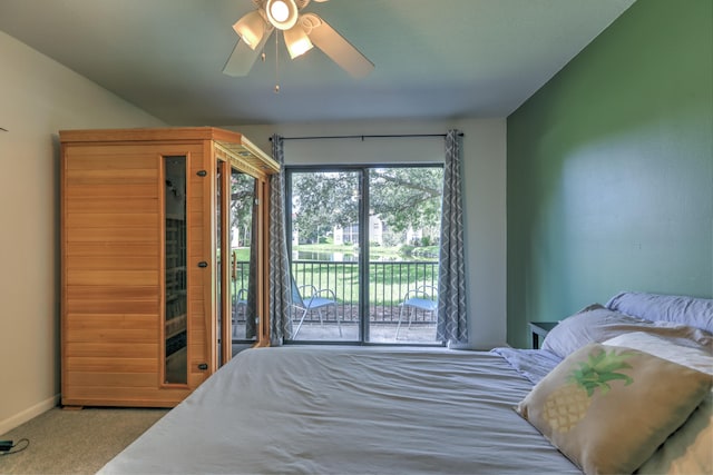 bedroom with access to exterior, ceiling fan, carpet, and baseboards