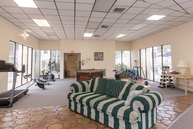living room with a paneled ceiling, billiards, carpet floors, and visible vents