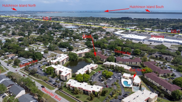 bird's eye view with a water view