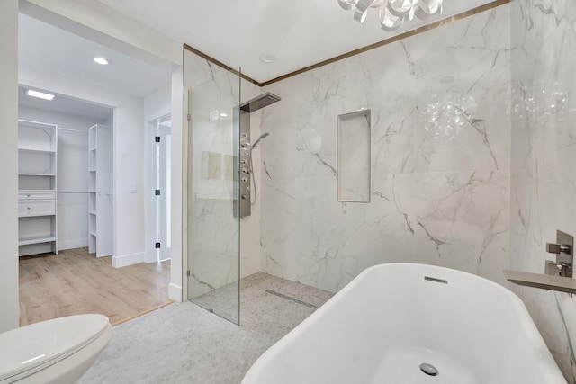 bathroom featuring toilet, independent shower and bath, hardwood / wood-style flooring, and ornamental molding